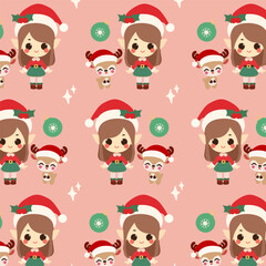 Adorable Santa Girl and Reindeer Seamless Pattern. Cute seamless pattern features an adorable Santa girl, a reindeer, and star on a soft pink background.