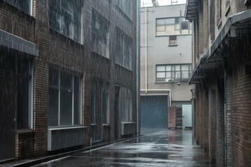 Fototapeta na wymiar intense rain splashing against grey buildings. Generative AI