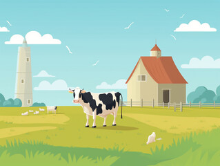 Cows on a dairy farm. Barn building at the back and a large pasture for cattle to graze on.