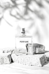 Perfume bottle standing on pumice stones with leaves shadow. Summer fragrance concept. Vertical...