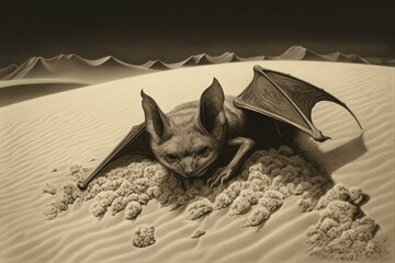 White gold lithography of bat in desert sands. Generative AI - obrazy, fototapety, plakaty