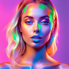 young beautiful woman with creative colorful lights.young beautiful woman with creative colorful lights.portrait of young woman with bright neon makeup.