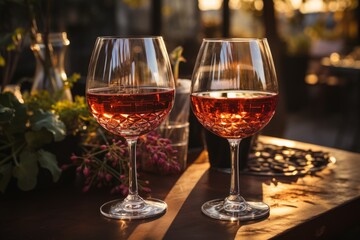 Naklejka premium two glasses of wine on a romantic evening at sunset