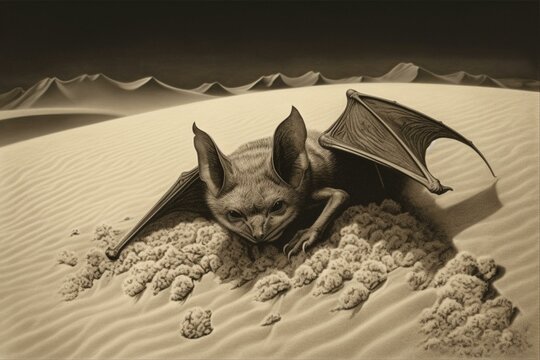 White gold lithography of bat in desert sands. Generative AI
