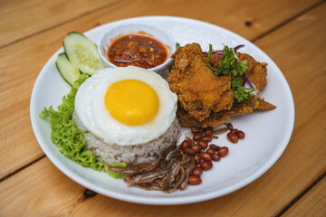 Malaysian Nasi Lemak with Fried Chicken and Egg