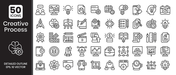 Creative process icons set. Detailed outline style icons pack. Vector illustration