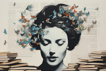 Female portrait clip art, double exposure, meditation, imagination, learning concept collage © LeoOrigami