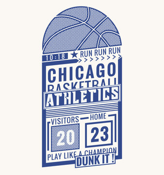 Typographic vector illustration of basketball theme badge. t shirt graphics