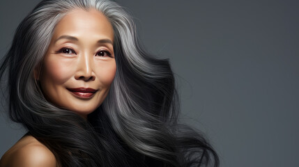 Smiling, elderly, gorgeous Asian woman with gray long hair and perfect skin, on a silver...