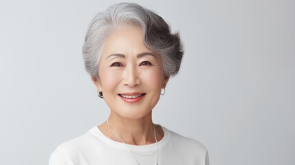 Elegant, smiling, elderly, chic Asian woman with gray hair and perfect skin on a white background banner.