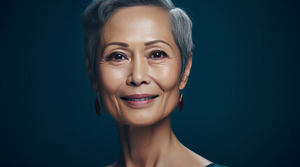 Elegant, smiling, elderly, chic Asian woman with gray hair and perfect skin on a dark blue background banner.