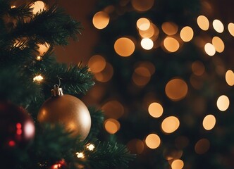 Obraz na płótnie Canvas Christmas tree has dark green decorations and a bokeh background