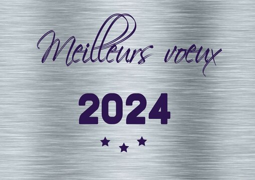Silver wish card new year 2024 written in french in purple with 3 stars - "meilleurs voeux" means "happy new year"