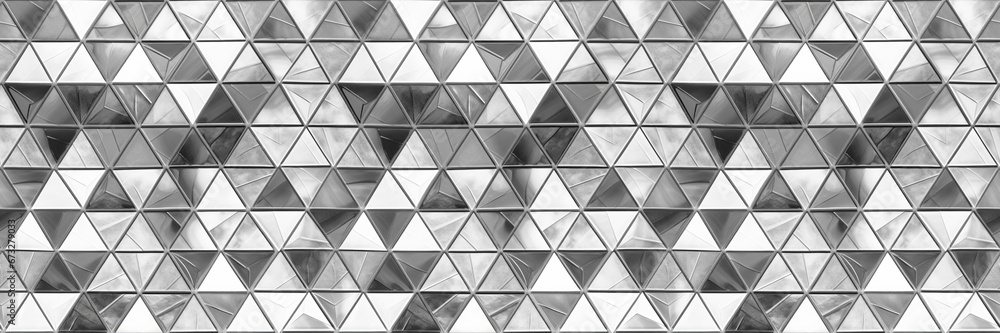 Poster Abstract triangular gray white mosaic tile wallpaper wall or floor texture with geometric triangles background banner, seamless pattern