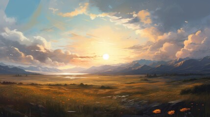 Obraz premium Beautiful landscape background. Cartoon summer sunrise with clouds, field, mountain and sunshine. Anime style