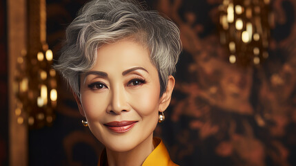 Elegant, smiling, elderly, chic Asian woman with gray hair and perfect skin on golden background banner.