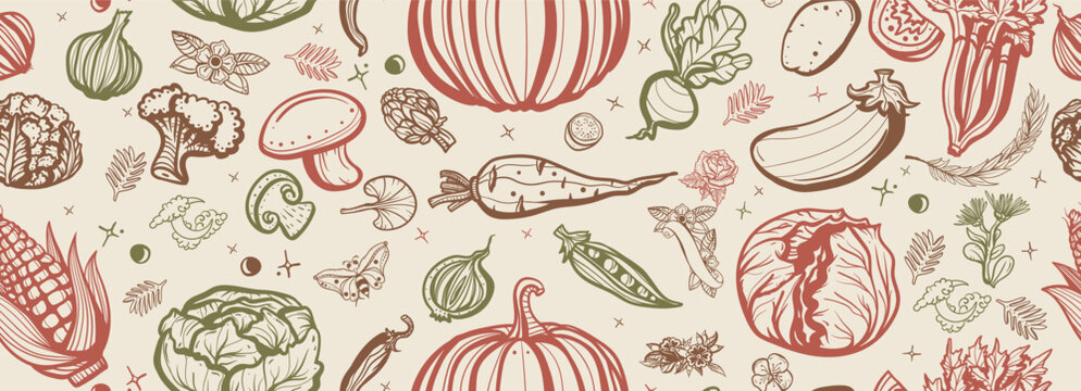 Vegetables. Old school tattoo seamless pattern. Cabbage, pumpkin, beets, tomato, corn, vegetables, lettuce, mushrooms. Traditional tattooing style