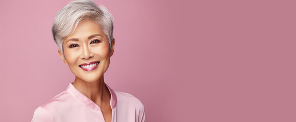 Elegant, smiling, elderly, chic Asian woman with gray hair and perfect skin on pink background banner.