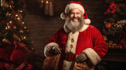 A cheerful Santa Claus with a wide smile in a red suit and a white beard at a lush Christmas tree with gifts in his hands. The atmosphere of Christmas, joy and celebration.