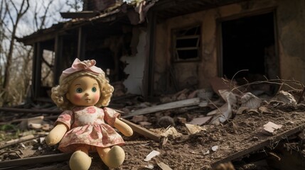 Child dirty toy doll on damaged homes background. Destroyed home buildings because of earthquake or war missile strike. Refugees, war and economy crisis.