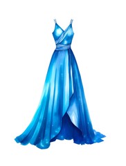 Blue long female dress isolated on white background in watercolor style.