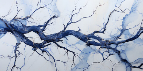 White marble background with blue lines in the form of a tree branch