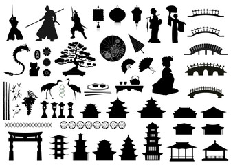 Silhouettes of japanese objects and asian culture, architecture, people, objects. Vector illustration. 