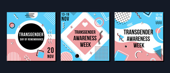 Transgender Awareness Week and Transgender Day of Remembrance. Square banner set for social media posts. Isolated vector collection. LGBT community and human rights event in November. Colors of trans  - obrazy, fototapety, plakaty