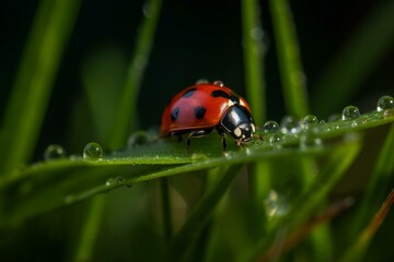 a small ladybug on wet grass. Generative AI