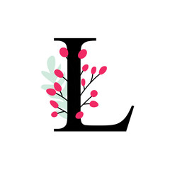 Floral alphabet, letter L with flowers and leaf. For invitations, greeting card, logo, poster and other design.