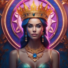 Naklejka na ściany i meble 3d illustration of beautiful woman with golden crown 3d illustration of beautiful woman with golden crown beautiful girl wearing crown with a gem.