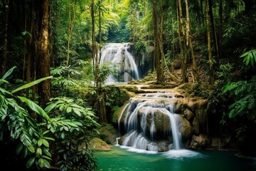 A stunning waterfall surrounded by a lush forest in Erawan Waterfall, Kanchanaburi, Thailand. Generative AI