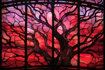 Detailed glass window with intertwined trees and twisted trunks in shades of red, pink, and dark. Generative AI