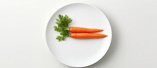The view from the top shows a white plate on a table with a freshly placed carrot