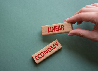 Linear Economy symbol. Concept words Linear Economy on wooden blocks. Beautiful grey green...