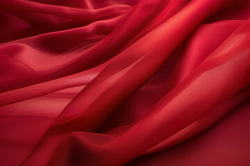 Vibrant crimson organza background. Beautiful delicate waves and texture on sheer fabric. Anniversary, Christmas, wedding, valentine, event, celebration concept. Crimson luxury background.