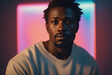 portrait of african american man with dreadlocks in neon lights portrait of african american man with dreadlocks in neon lights close - up portrait of young man with dark haircut and stylish hairstyle