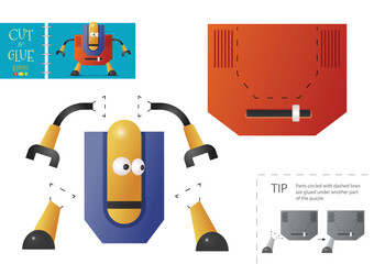 Cut and glue paper vector toy. Funny robotic character as a cardboard cutout model
