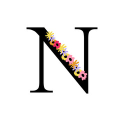 Floral alphabet, letter N with flowers and leaf. For invitations, greeting card, logo, poster and other design.