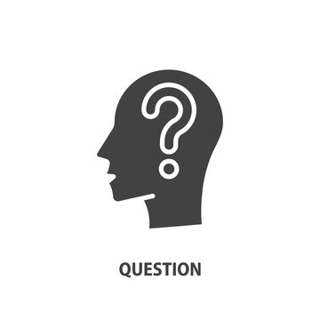 Human head profile with question mark glyph icon. Head question task vector symbol. Thinking man sign.