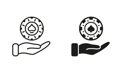 Casino Roulette Chip and Human Hand Line and Silhouette Icon Set. Circle Token, Bet Money. Poker Chip Symbol Collection. Play Coin, Risk in Gamble Game Pictogram. Isolated Vector Illustration