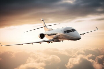 sleek executive private aircraft soaring against a bright sky. Generative AI