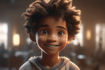3d illustration of a young smiling boy with a curly hairstyle, in the night, looking at the camera. the boy is standing in the 3d illustration of a young smiling boy with a curly hairstyle, in the nig - obrazy, fototapety, plakaty