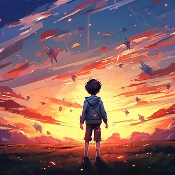 Illustration Painting The Boy Looking At Paper Airplanes And Planes Flying In The Sunset Sky, 