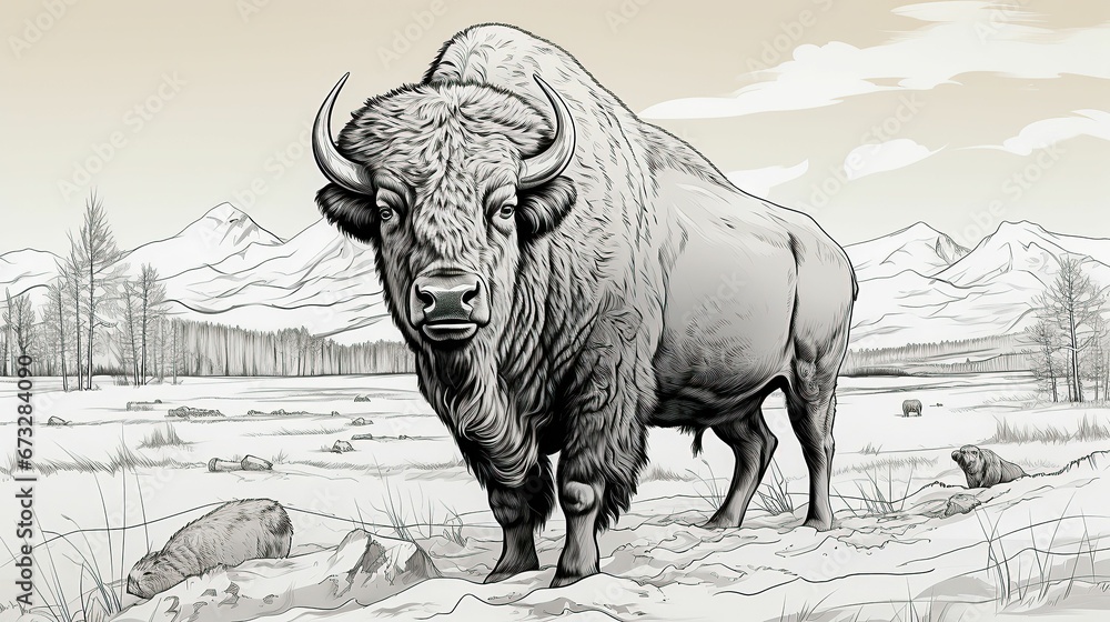 Wall mural AI generated illustration of a line drawing of a buffalo with sharp horns and a hunched back - Wall murals