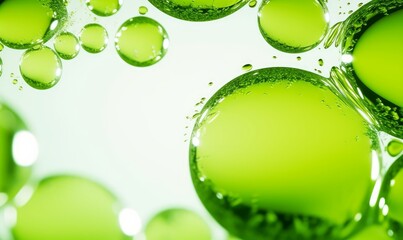 A clean and abstract environmental concept image with a background of white yellow-green bubbles and a reflection of leaves, Generative AI
