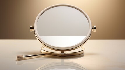 A magnifying makeup mirror with adjustable angles, capturing its utility, resting elegantly on a neutral white surface.