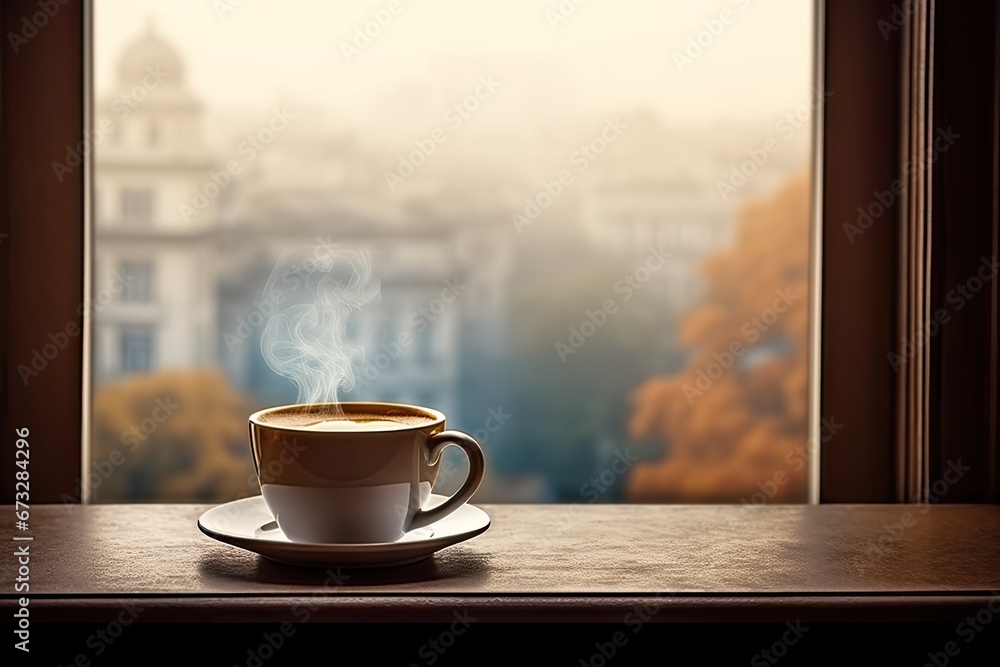 Poster Morning elixir. Aromatic espresso in vintage cup on wooden table in sunrise light. Rustic morning bliss. Sunrise sip