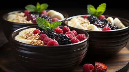 Acai Bowls with Bananas Strawberries & Blackberries on Blurry Background