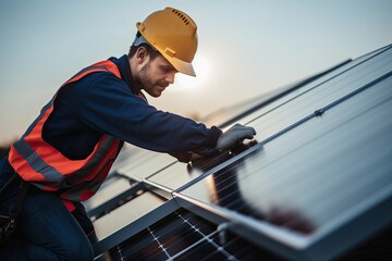 Solar panel technician with drill installing solar panels on house roof on a sunny day.	